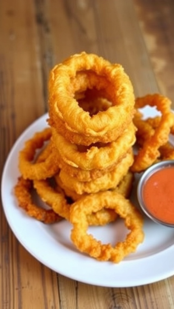 A plate of crispy golden onion rings with a dipping sauce on a rustic wooden table.